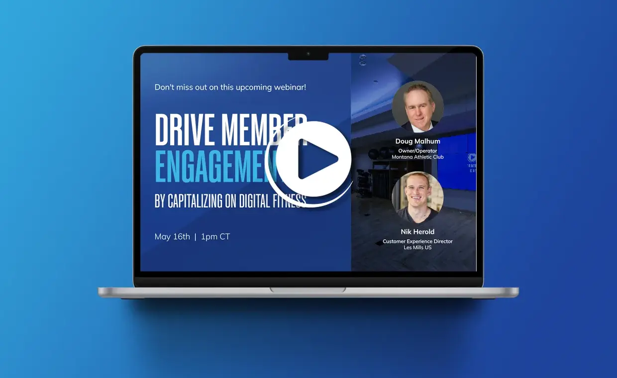 A laptop screen displays a webinar promotion titled Drive Member Engagement by Capitalizing on Digital Finance, featuring speakers Doug Mahlum and Nik Herold. The webinar is scheduled for May 16th at 1pm CT.