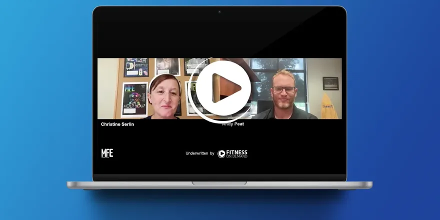 A laptop screen displays a paused video call with a woman on the left and a man on the right. The names Christine Sterlin and Randy Peat appear beneath each person. The background is a blue gradient.