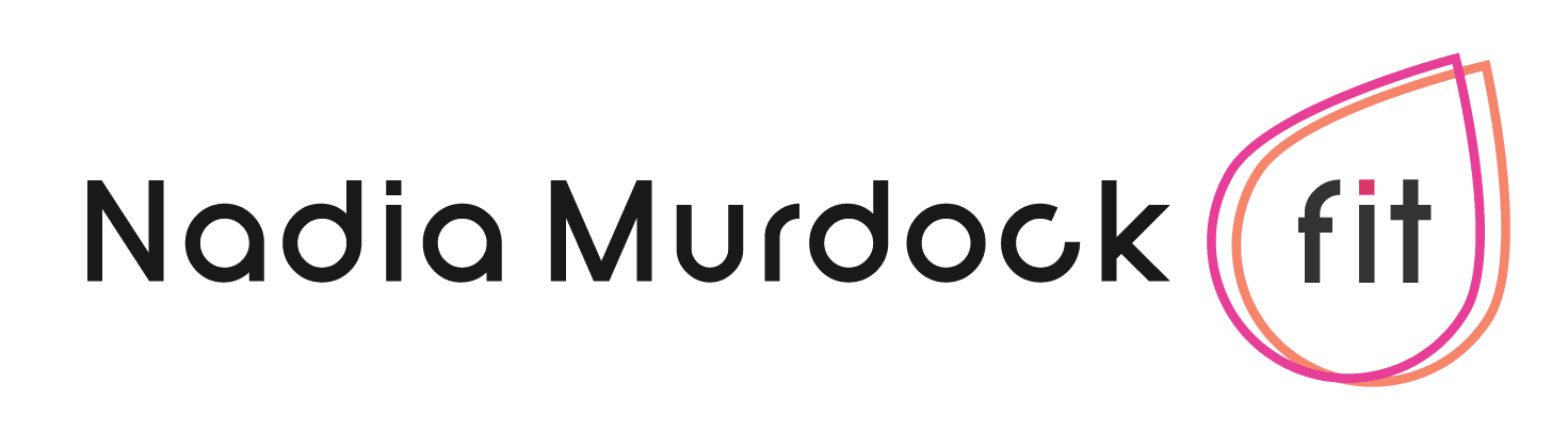 Logo with the text Nadia Murdock fit. The word fit is enclosed in a double-outlined teardrop shape with pink and orange gradient lines. The background is light gray.