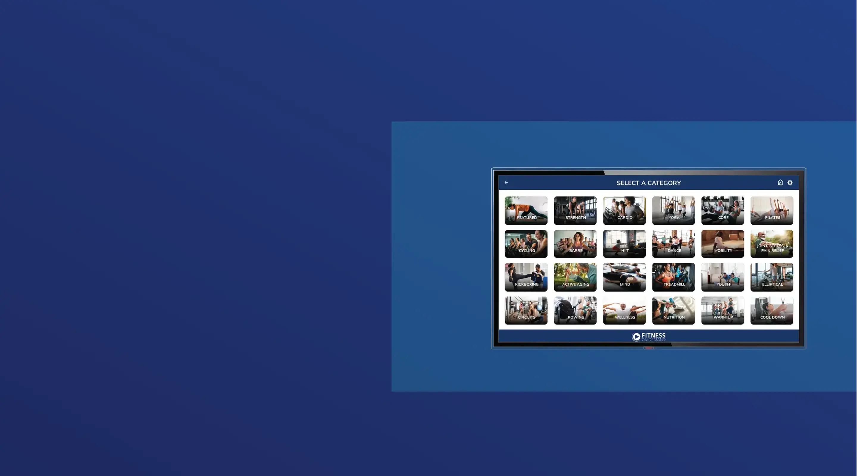 A computer screen displays a grid of video thumbnails with people in various activities.