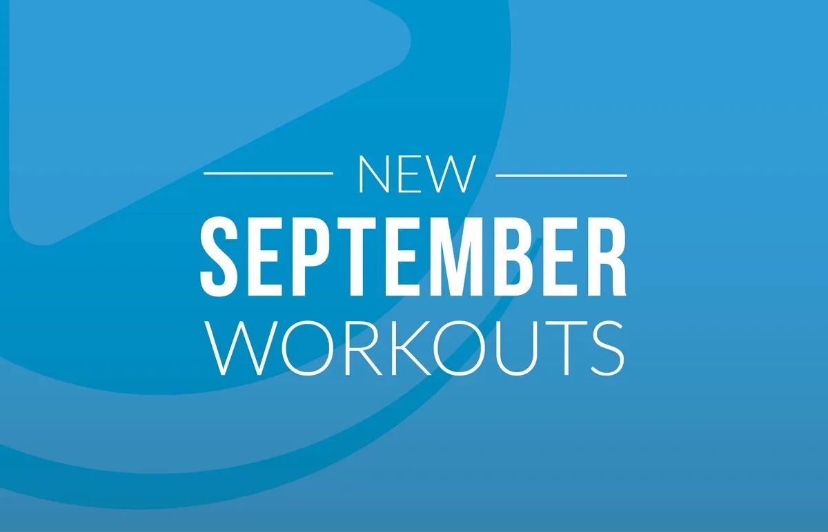Blue graphic background with the text New September Workouts in white, featuring a faint abstract design in the background.