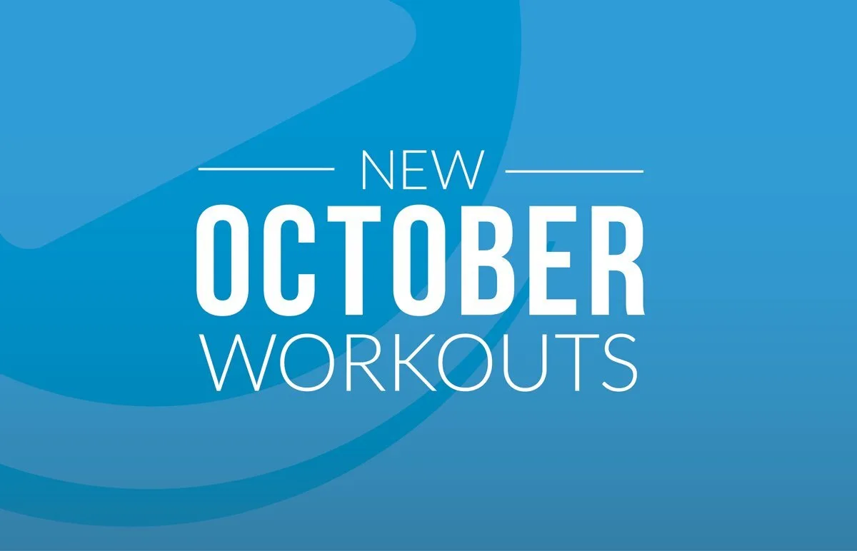 Blue graphic background with bold white text that reads, New October Workouts.