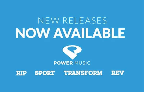 Blue graphic with white text that reads: NEW RELEASES NOW AVAILABLE. Below is the Power Music logo and the words POWER MUSIC. At the bottom are the words RIP, SPORT, TRANSFORM, and REV.