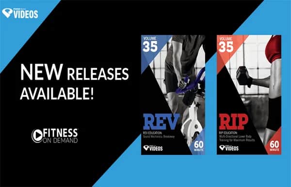 Promotional graphic for fitness videos showing two covers: one labeled REV Volume 35 with a bike, and the other RIP Volume 35 with a person lifting weights. Text reads New Releases Available! Fitness On Demand.