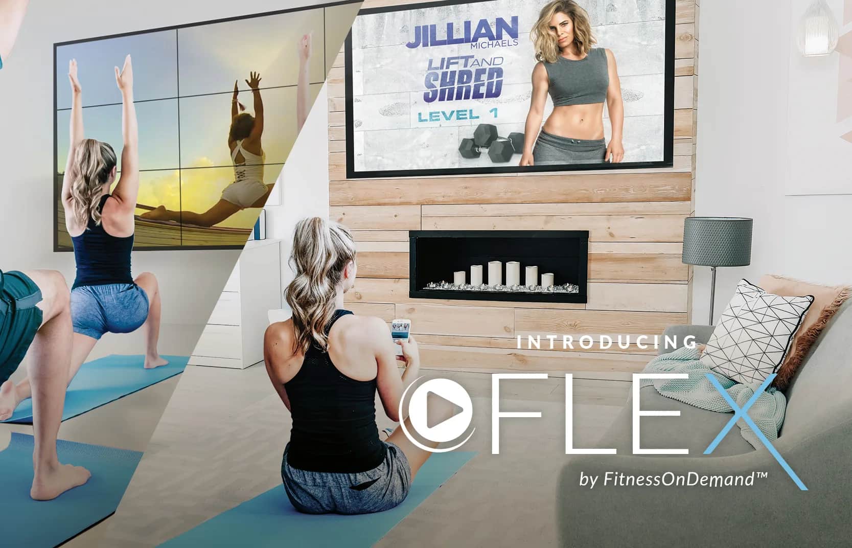 Two scenes: On the left, people do yoga on mats in a bright room; on the right, a woman sits on a mat watching a fitness video featuring Jillian Michaels on a large TV above a fireplace. Text reads “INTRODUCING FLEX by FitnessOnDemand.”.
