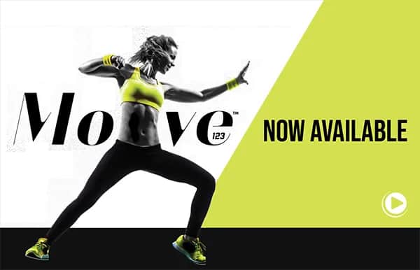 A woman in athletic wear strikes a dynamic pose against a white and yellow background. The word Move and Now Available are displayed next to her, with a play button icon in the bottom right corner.