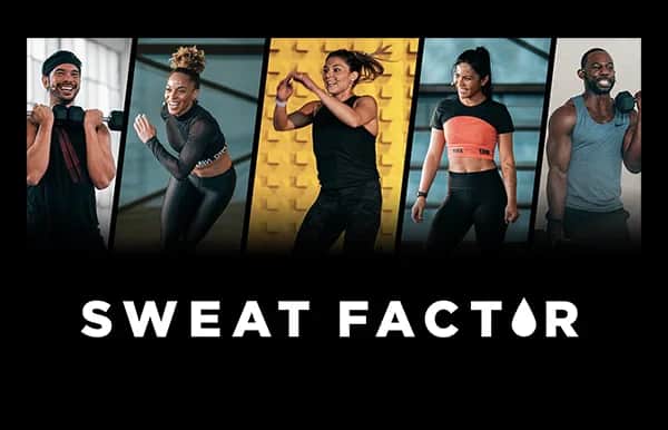 Five people exercise energetically with weights and various moves, each in their own panel. The words “SWEAT FACTOR” appear in bold white text below them, with a droplet replacing the letter “O.”.