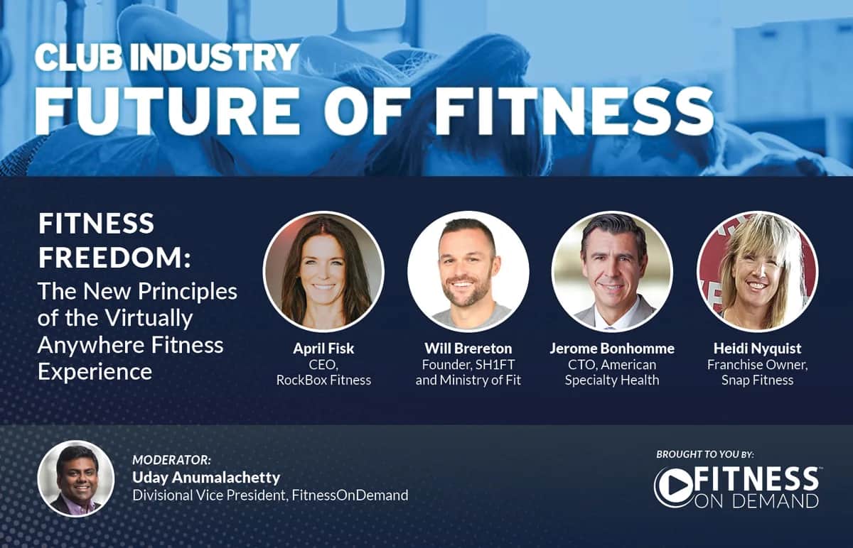 Panel discussion promotional image titled Club Industry: Future of Fitness featuring photos and names of April Fisk, Will Brereton, Jerome Bonhomme, and Hedi Nyquist, moderated by Uday Anumalach etty for Fitness on Demand.
