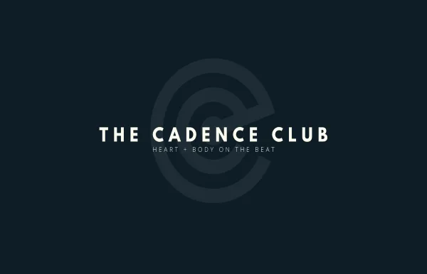 Dark background with the text THE CADENCE CLUB in bold white letters. Below, smaller text reads HEART + BODY ON THE BEAT. A large, faint C logo is visible in the background.