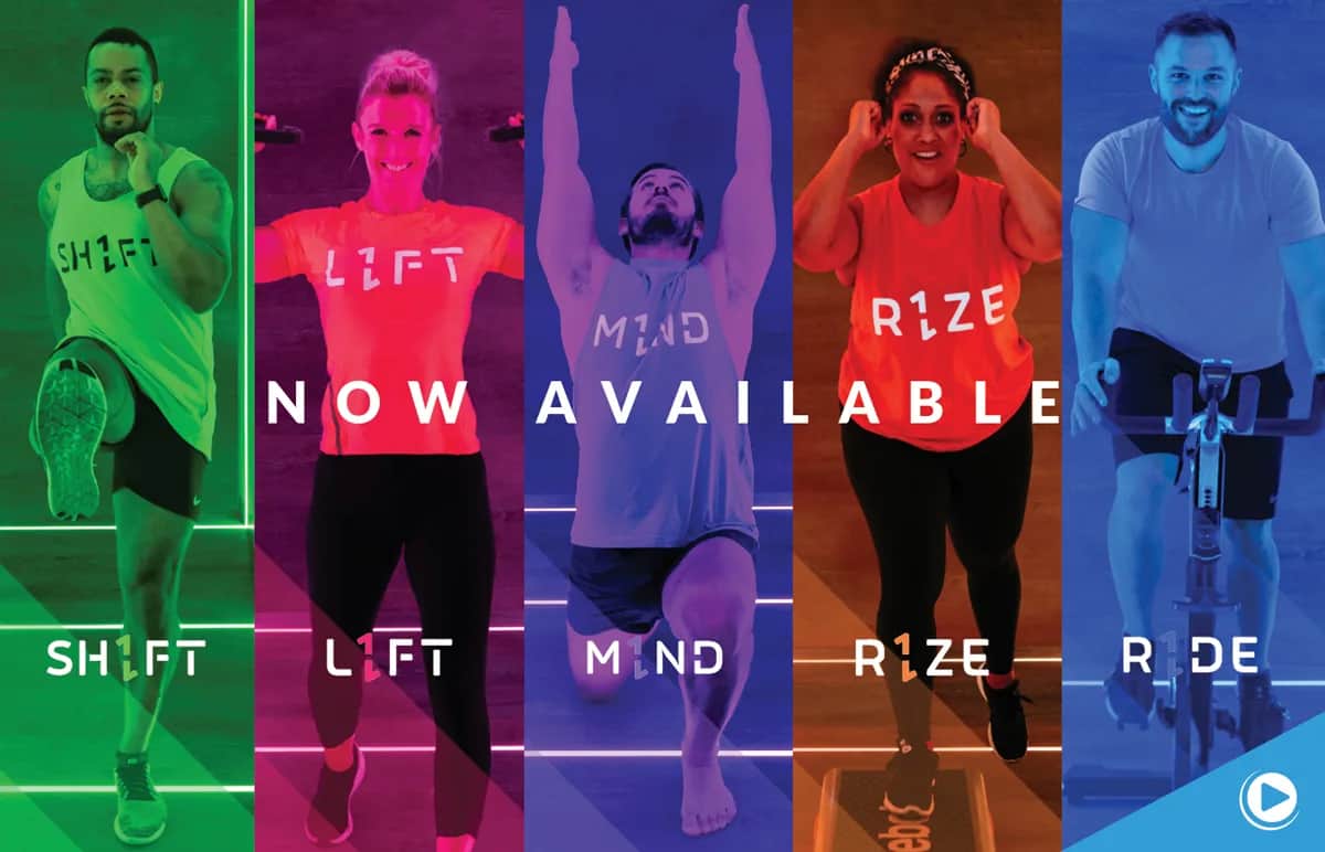Five people are exercising in vertical colored sections labeled SHIFT, LIFT, MIND, RIZE, and RIDE. “NOW AVAILABLE” is written across the image. Each person is performing a different fitness activity.