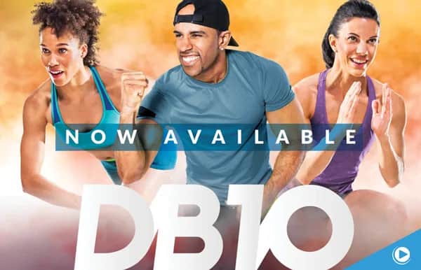 Three energetic people in athletic wear, smiling and posing as if in motion, with NOW AVAILABLE and DB10 text overlaid on a vibrant, colorful background.