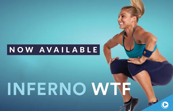 A fit woman in athletic wear jumps with a smile against a blue background. Text reads NOW AVAILABLE and INFERNO WTF with a play button icon in the corner.
