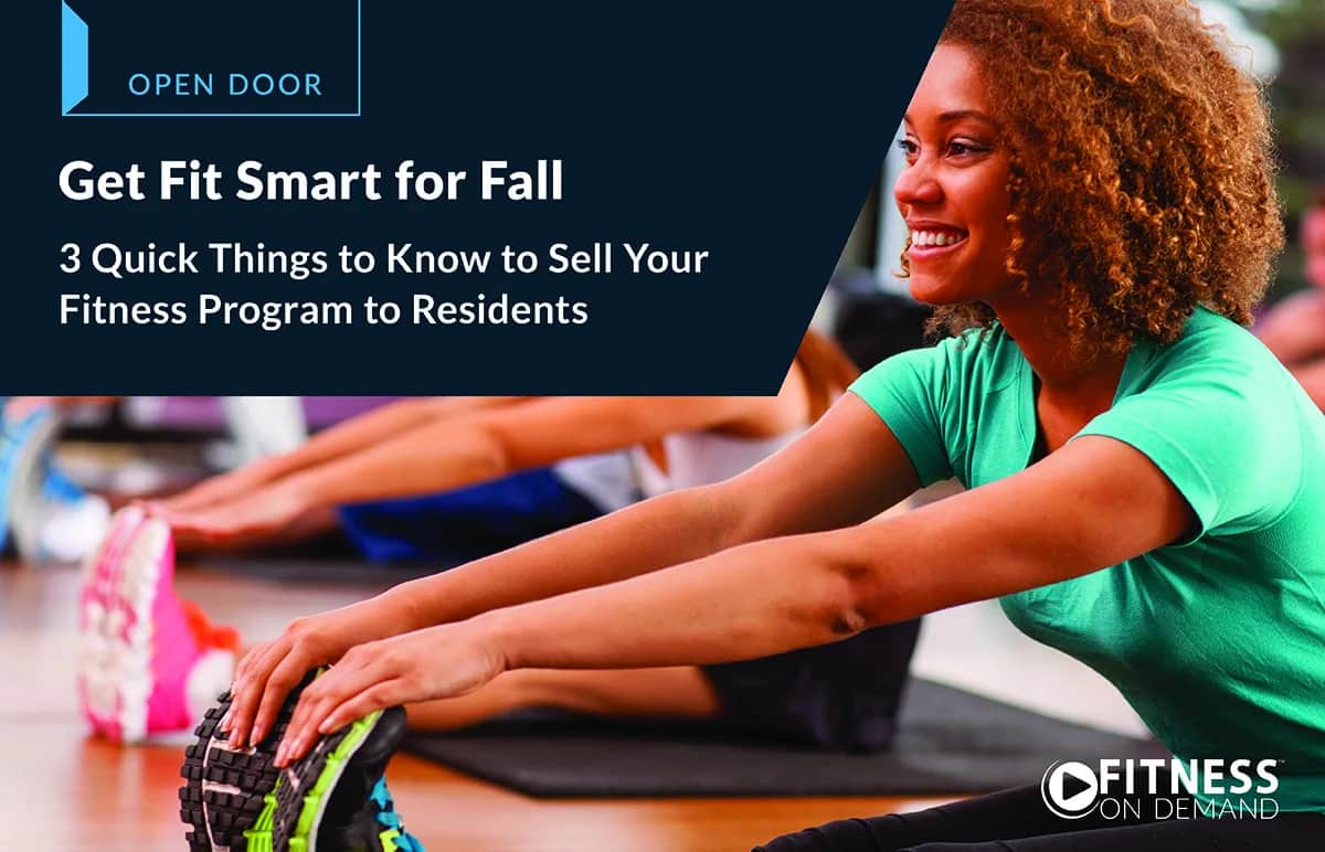 A woman in workout clothes stretches with others in a group fitness class. The image includes text promoting tips for selling fitness programs to residents, with the Fitness On Demand logo in the corner.