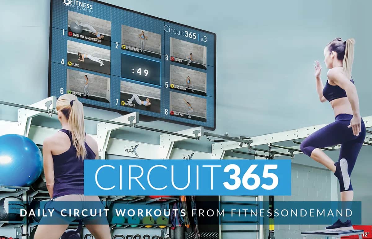 Two women exercise in a gym, following a workout displayed on a large screen. The screen shows six exercises for Circuit 365. Text overlay reads: CIRCUIT365 — Daily circuit workouts from FitnessOnDemand.