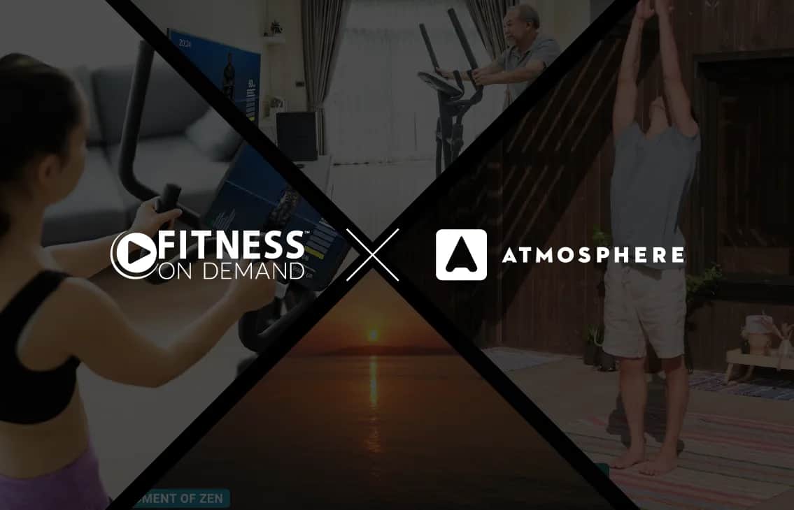 A split-screen image shows people using exercise equipment and practicing fitness indoors, with “Fitness On Demand x Atmosphere” logos in the center, and a peaceful sunset on the bottom left.