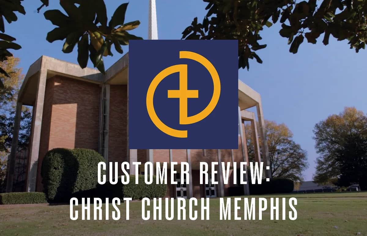 Exterior view of Christ Church Memphis with its logo in the center and the text “Customer Review: Christ Church Memphis” overlaid at the bottom. Trees and blue sky are in the background.