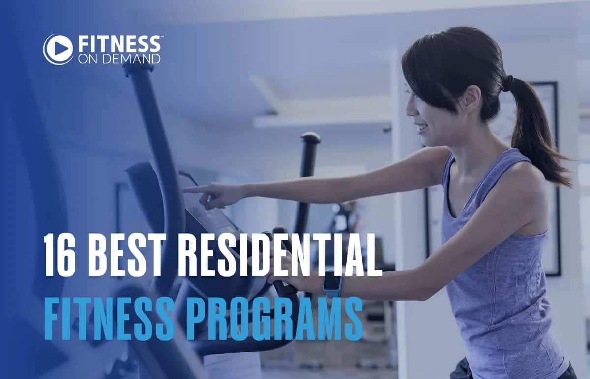 A woman in workout clothes uses a touchscreen exercise machine at a gym. Text reads: Fitness On Demand. 16 Best Residential Fitness Programs.