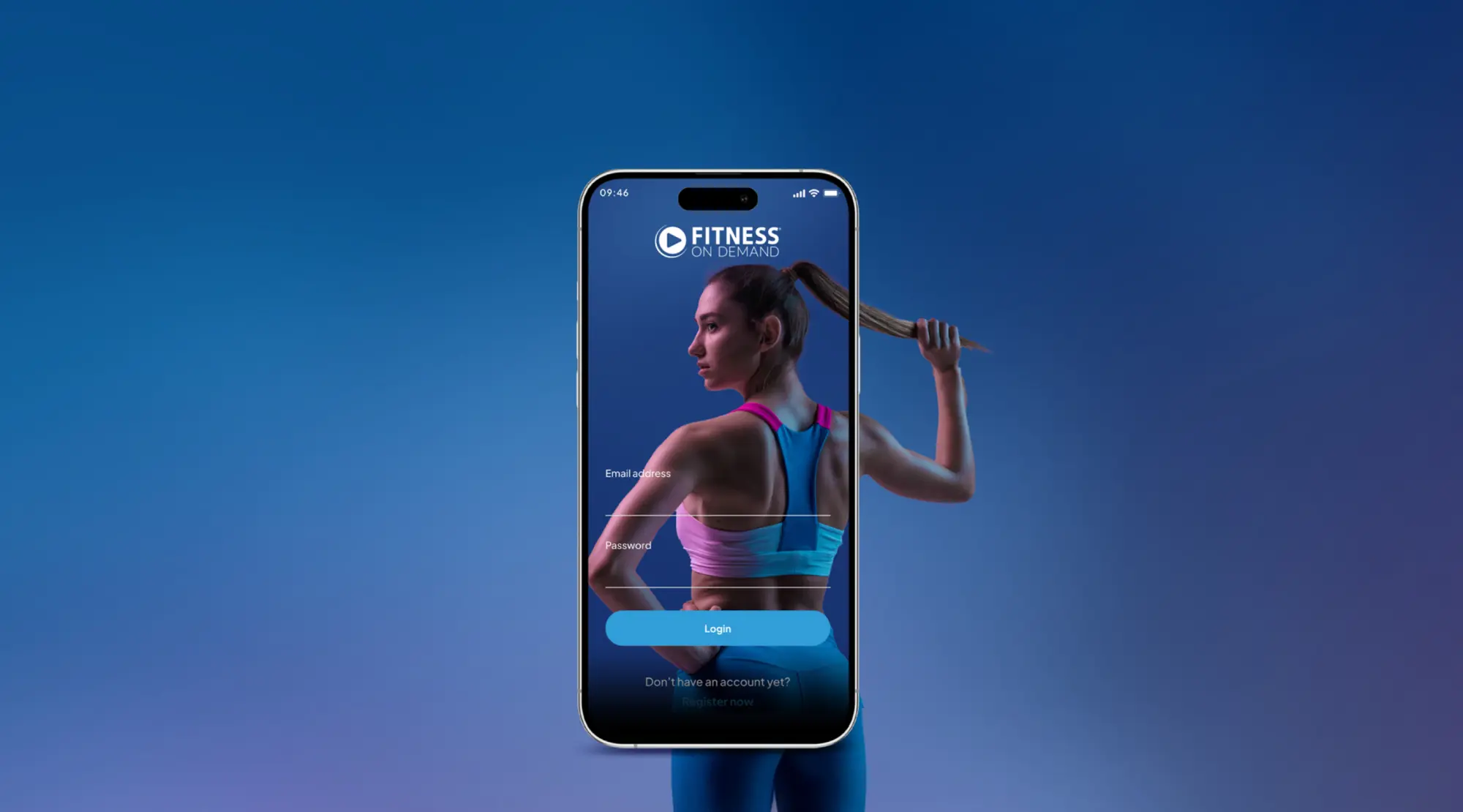 A smartphone screen displays a Fitness On Demand app login page, featuring a woman in athletic wear holding her ponytail, with a blue gradient background.