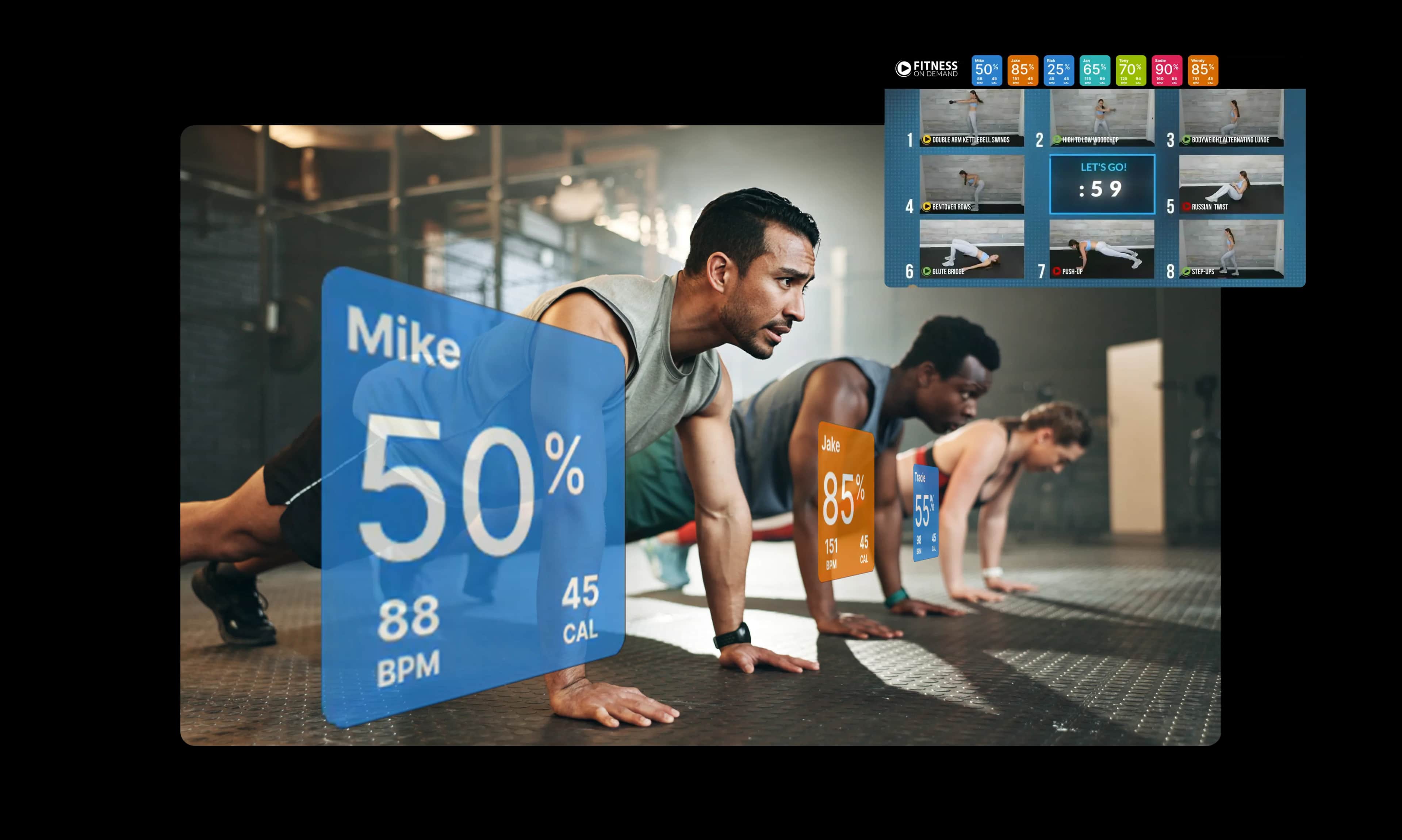 Three people doing push-ups in a gym, each with digital overlays displaying their workout stats such as heart rate, calories burned, and effort percentage. Inset at top right shows a workout routine schedule.