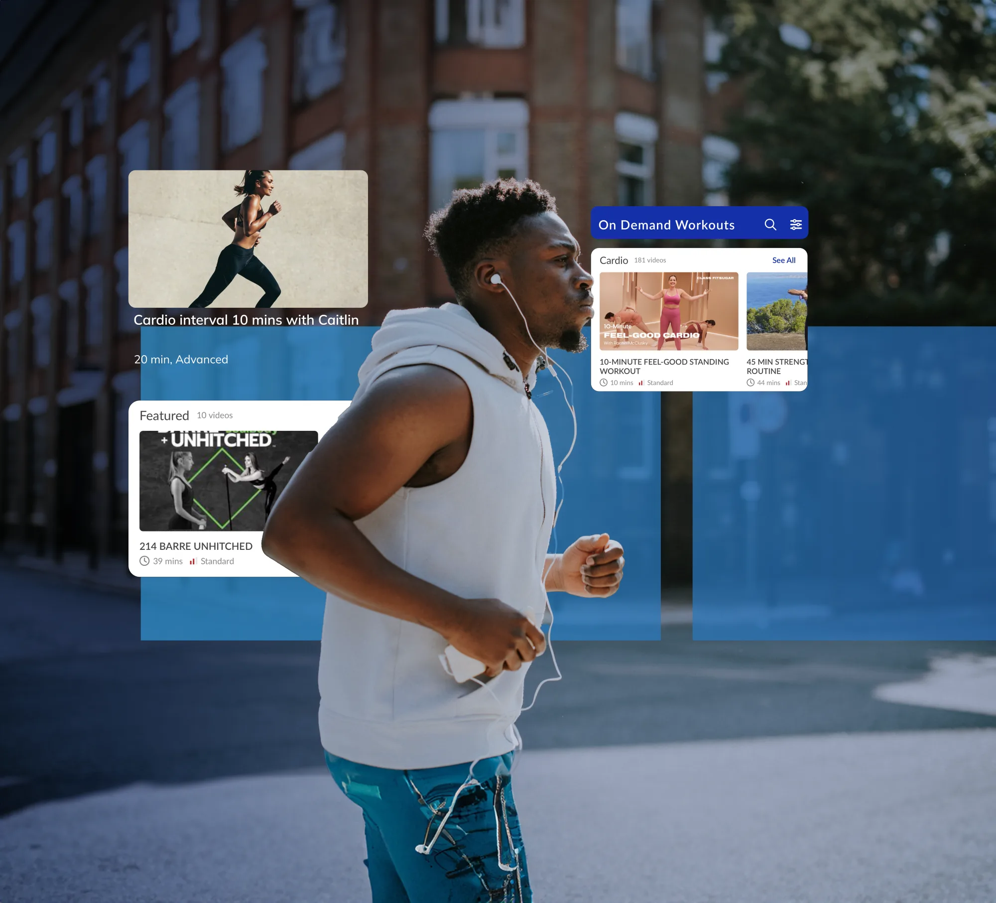 A man jogs outdoors wearing headphones, with digital overlays of workout options such as cardio intervals, barre, and on-demand fitness classes appearing beside him.