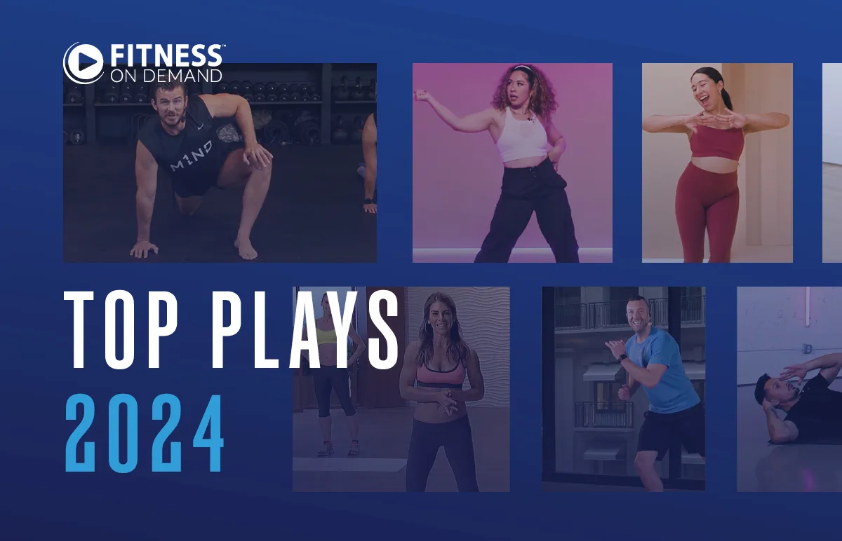 A promotional graphic for Fitness On Demand featuring diverse people exercising in various workout poses. The text reads Top Plays 2024 on a blue background with fitness photos in separate panels.