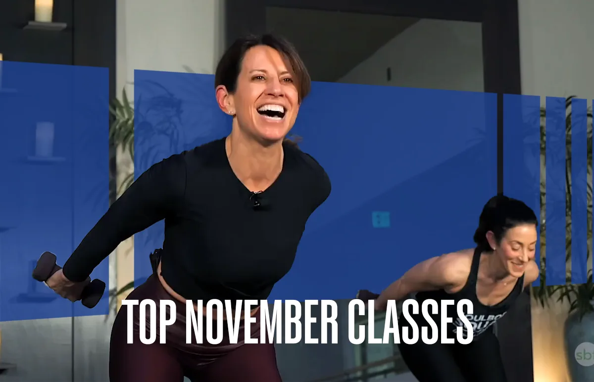 Two women exercising indoors; one in the foreground smiles while holding hand weights. Blue overlay on the image displays the text Top November Classes.