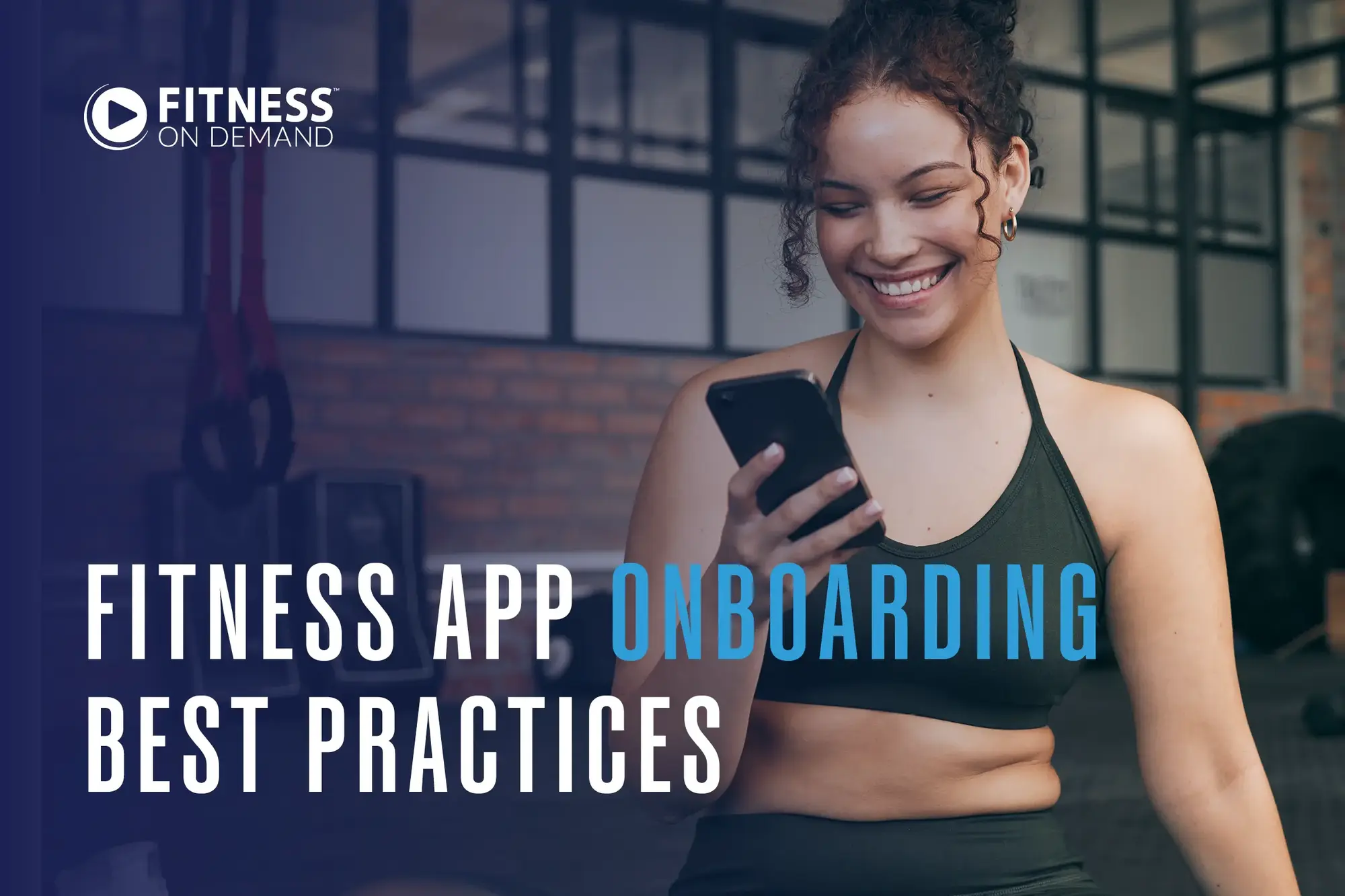 Woman smiling at phone going through onboarding for her fitness app