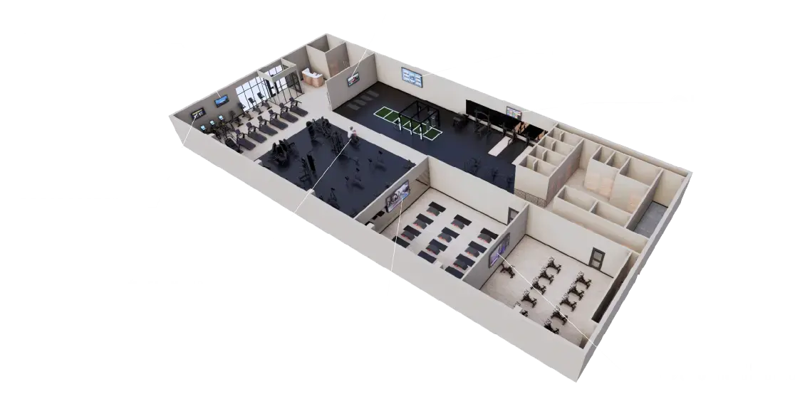 3D floor plan of a modern gym with various zones, including cardio machines, weightlifting area, functional training space, group fitness room, cycling studio, and recovery area.
