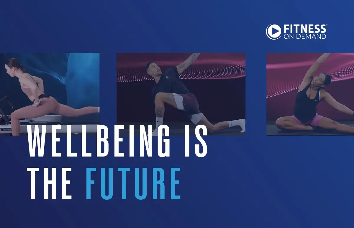Three people perform mobility, reformer pilates, and yoga poses on exercise mats against blue and purple backgrounds. Text reads, Wellbeing is the future with the Fitness On Demand logo in the corner.
