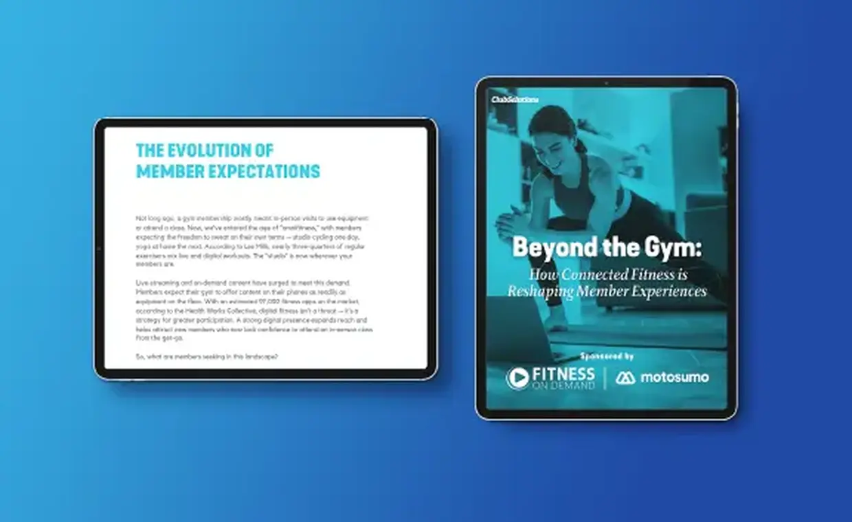 Two tablets on a blue gradient background; the left displays text titled The Evolution of Member Expectations, and the right shows a digital report cover titled Beyond the Gym with a woman exercising.